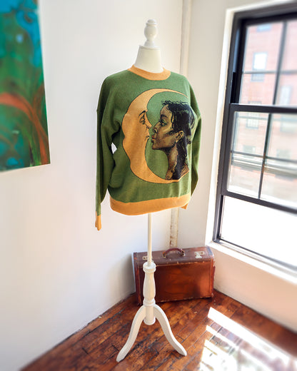 L IN STOCK AND READY TO SHIP Moon Kiss Green Gold Oversized Crewneck Sweater Unisex Vintage Graphic