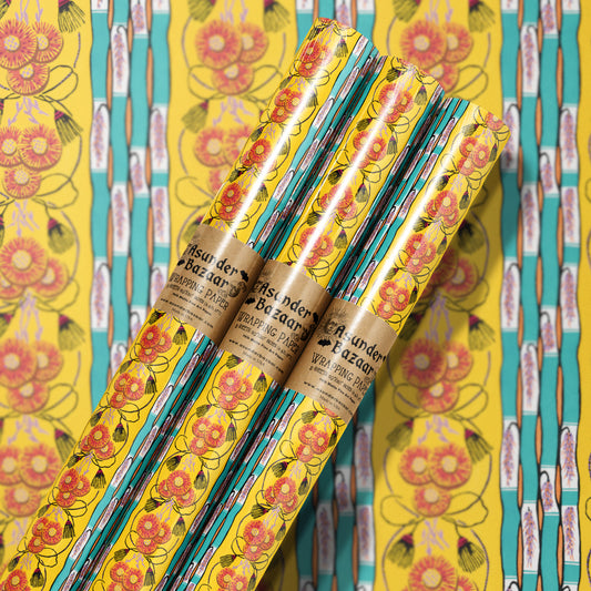 Abstract Art Deco Floral Mustard Teal Stripe Wrapping Paper 3 Sheet Roll