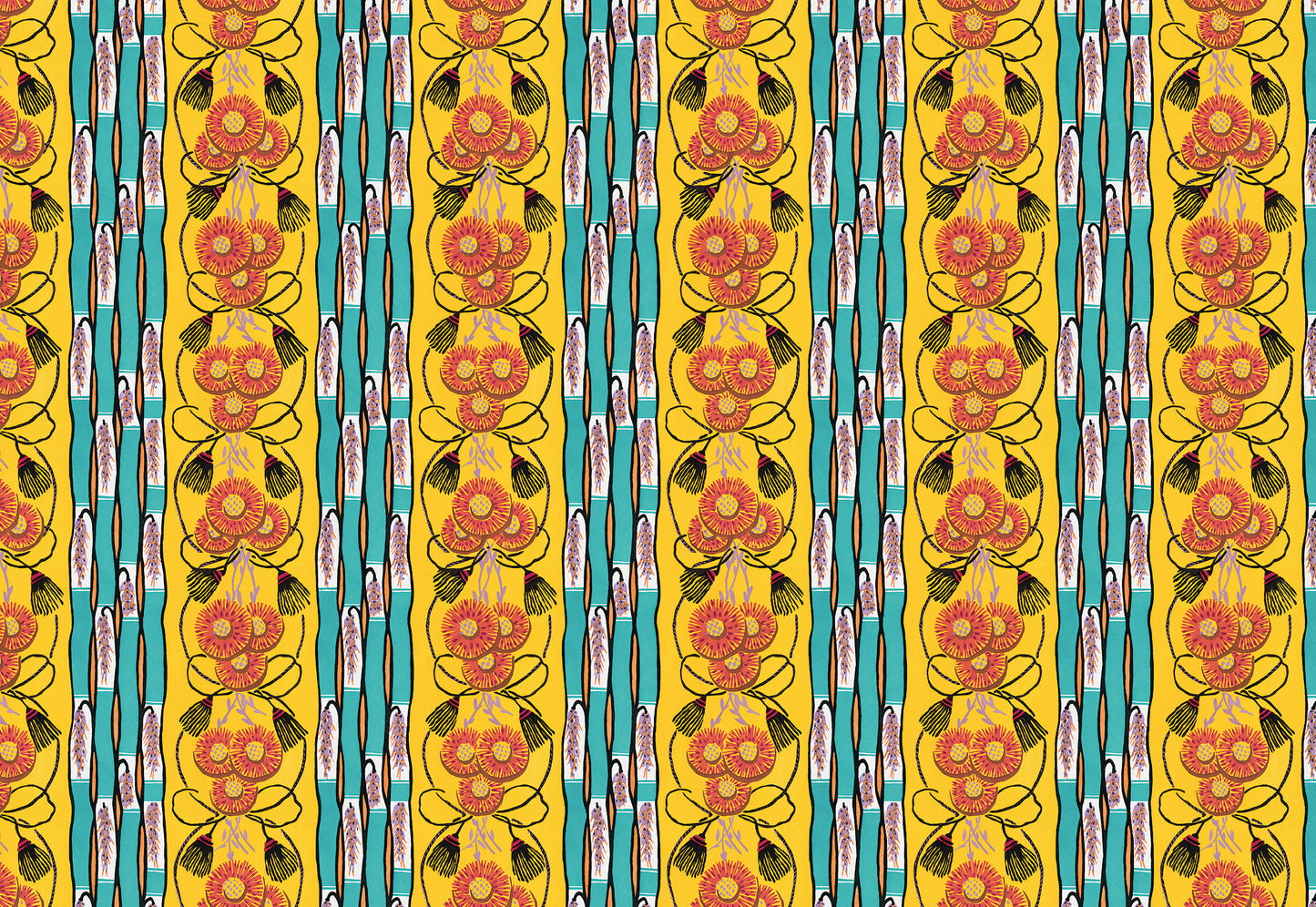 Abstract Art Deco Floral Mustard Teal Stripe Wrapping Paper 3 Sheet Roll