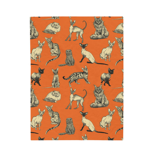 Illustrated Cat Breeds Orange Velveteen Plush Blanket