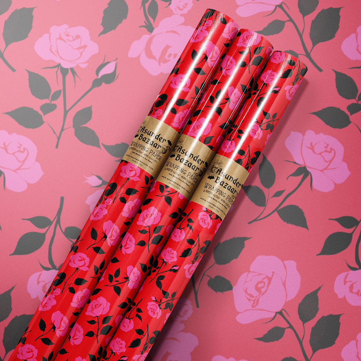 Red Pink Roses Wrapping Paper 3 Sheet Roll