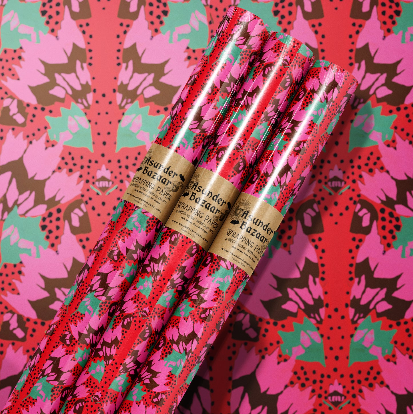 Red Pink Abstract Art Deco Floral Wrapping Paper 3 Sheet Roll