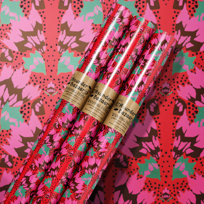Red Pink Abstract Art Deco Floral Wrapping Paper 3 Sheet Roll