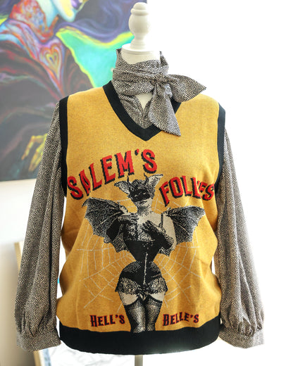 PRE-ORDER Salem Follies Hells Belles V Neck Sweater Vest Unisex Vintage Gothic Collage Graphic