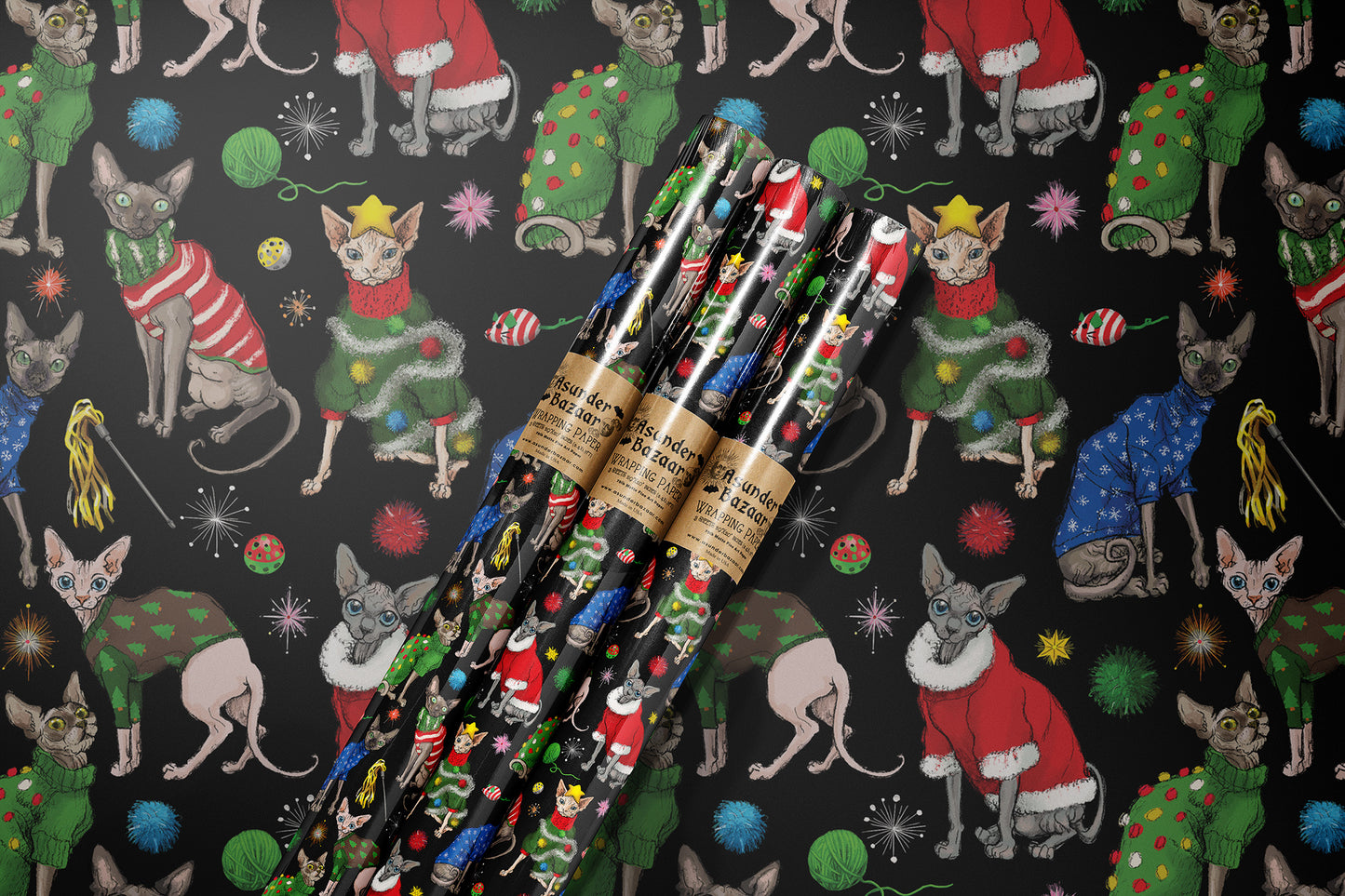 Festive Sphynx Cats Holiday Wrapping Paper 3 Sheet Roll
