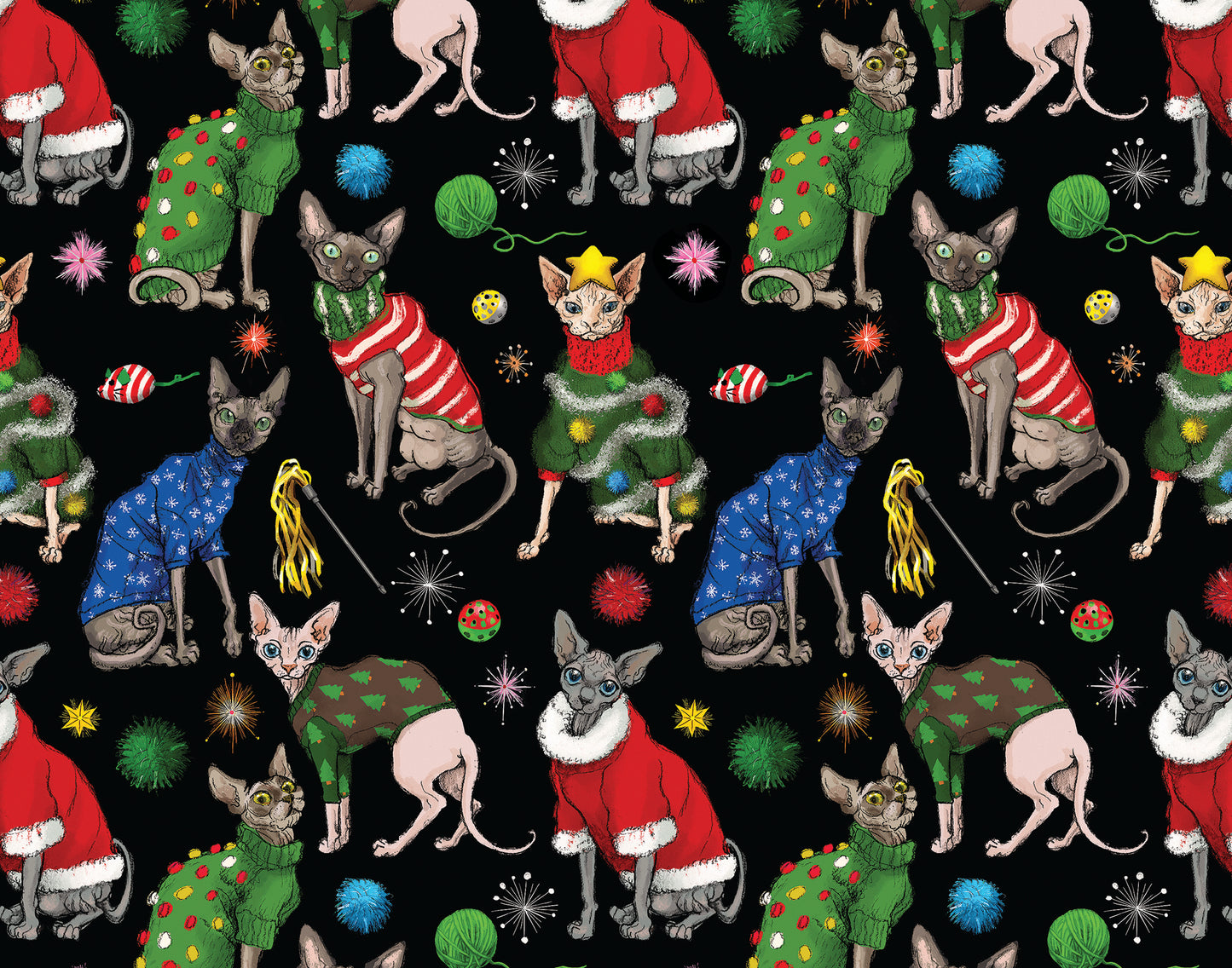 Festive Sphynx Cats Holiday Wrapping Paper 3 Sheet Roll