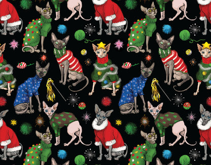 Festive Sphynx Cats Holiday Wrapping Paper 3 Sheet Roll