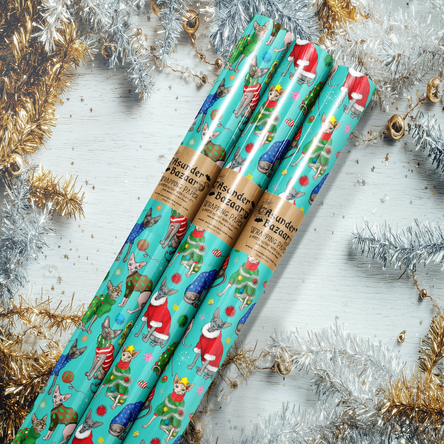 Festive Sphynx Cats on Teal Holiday Wrapping Paper 3 Sheet Roll