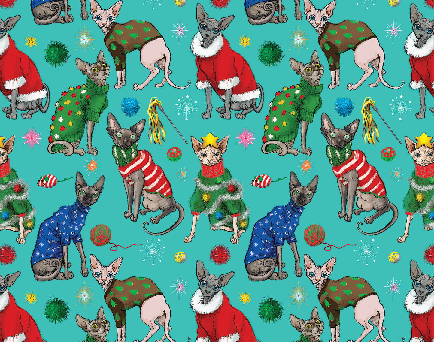 Festive Sphynx Cats on Teal Holiday Wrapping Paper 3 Sheet Roll