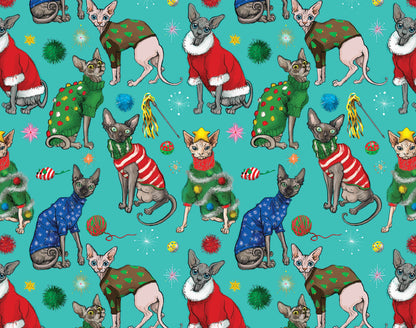 Festive Sphynx Cats on Teal Holiday Wrapping Paper 3 Sheet Roll